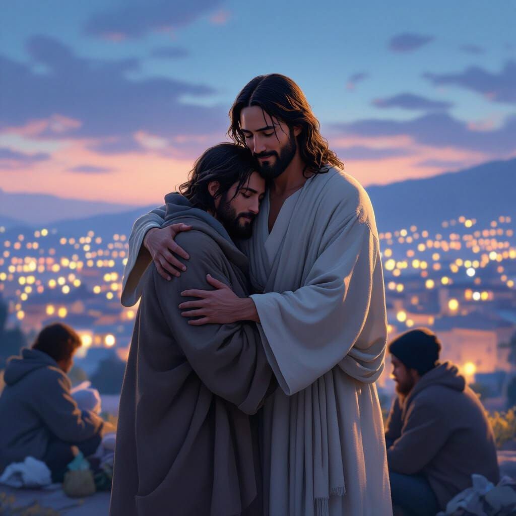 Jesus Embraces the Homeless: Digital Art in Shinkai Style
