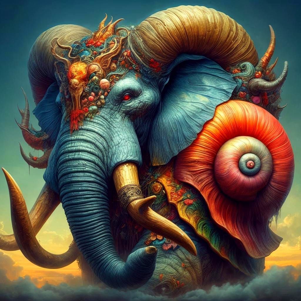 Surreal Snailephant with Ram Horns in Digital Art