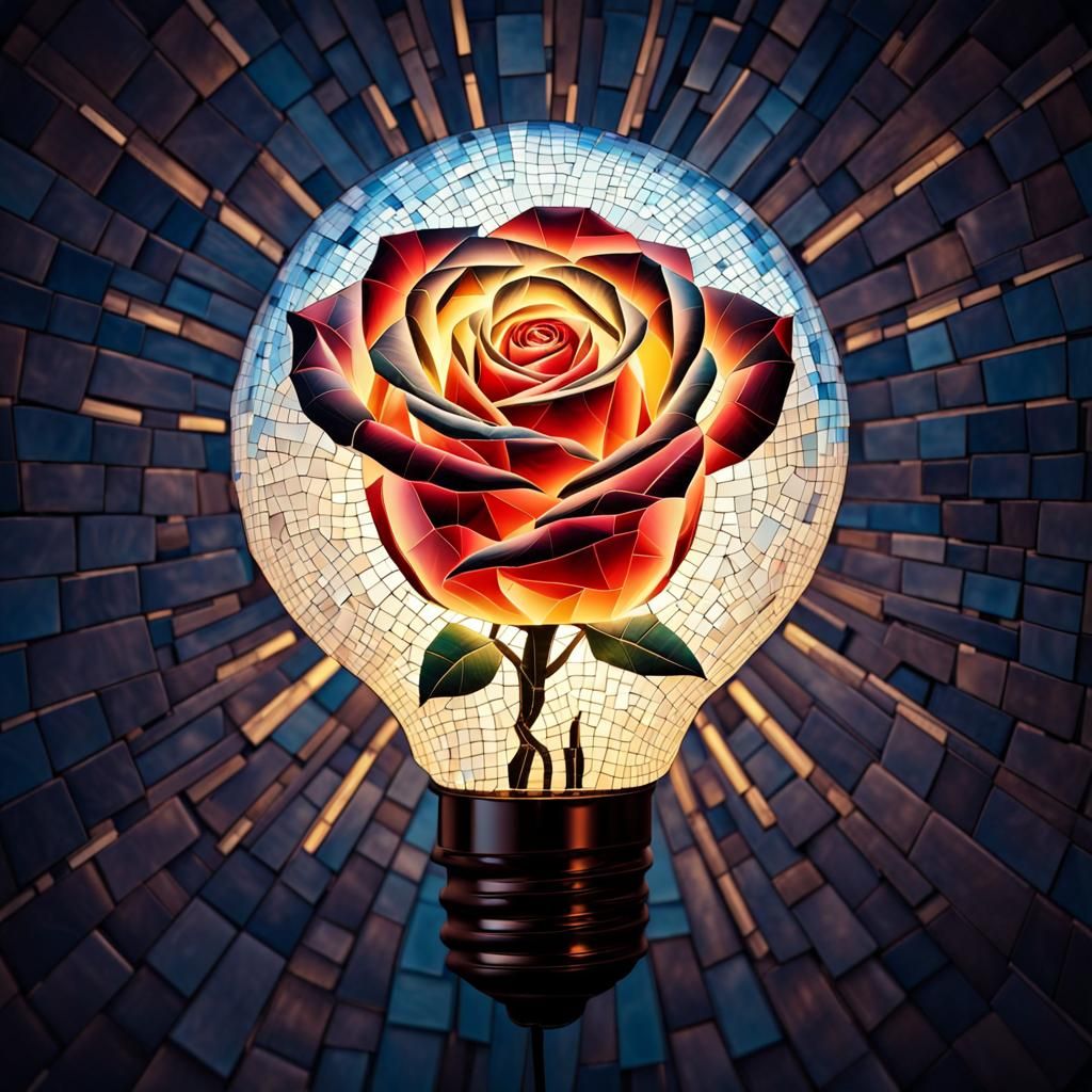 Glowing Light Bulb Rose Mosaic Abstract Art