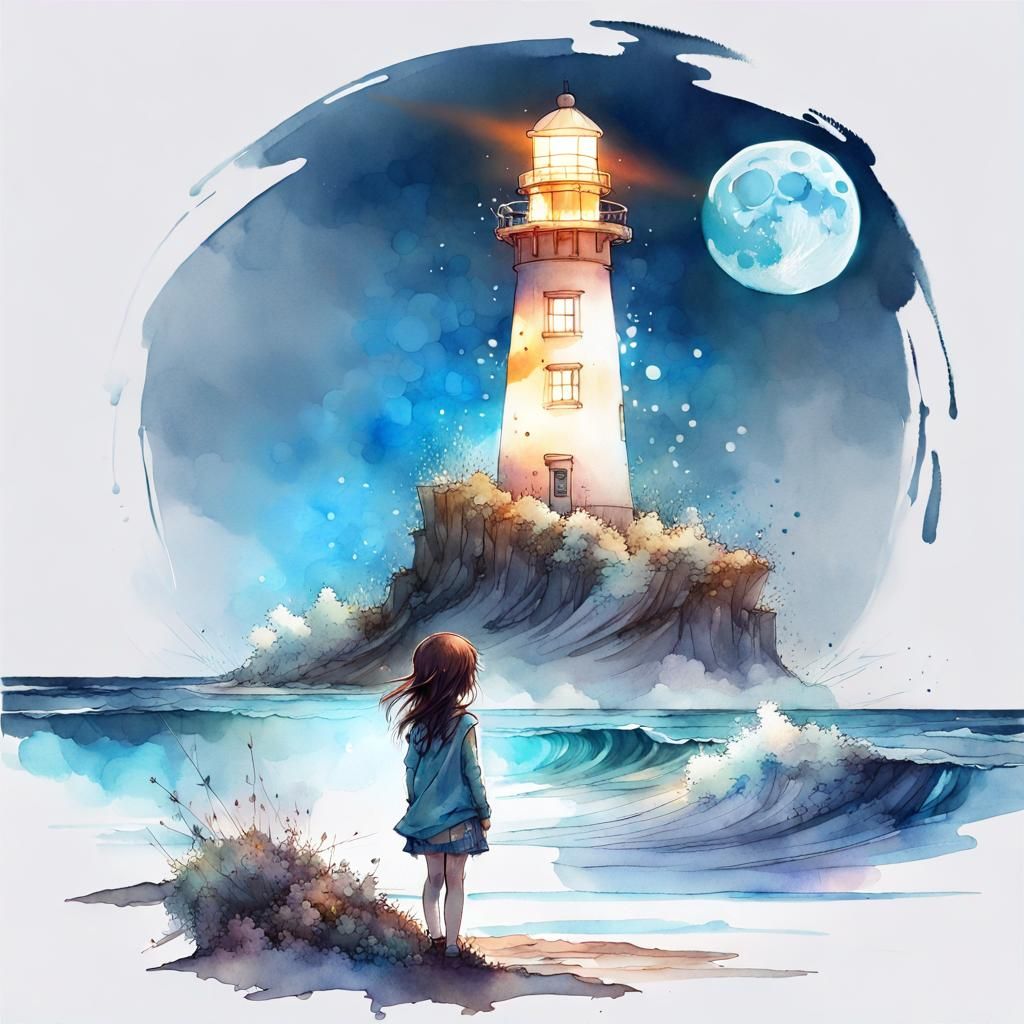 Chibi Girl Watches Waves in Watercolor Fantasyscape