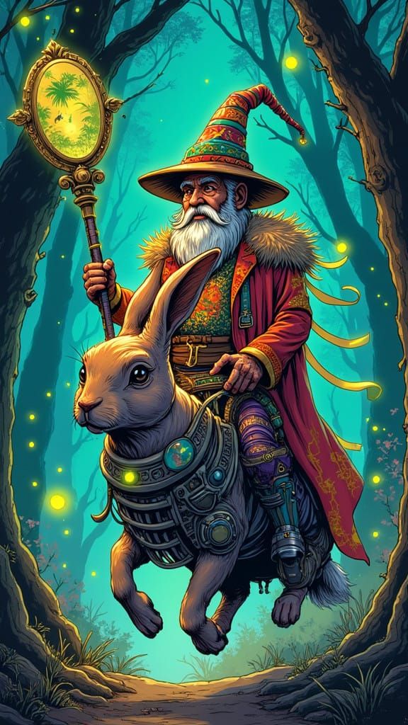 Whimsical Wizard Rides Mechanized Rabbit in Retro-Futuristic...