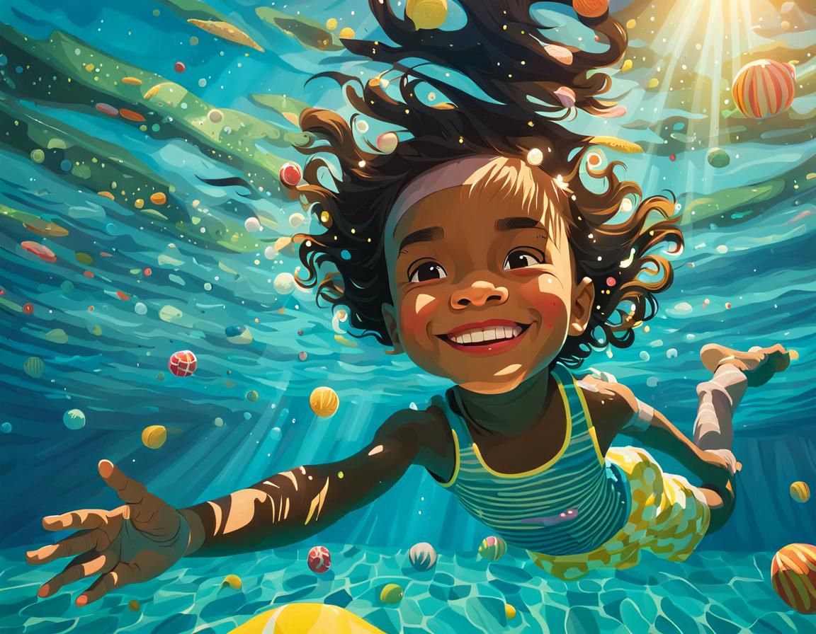 Whimsical Underwater Pool Scene of Joyful Child