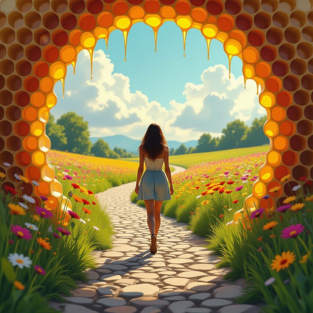 Woman in Honeycomb Field, Painterly Digital Art