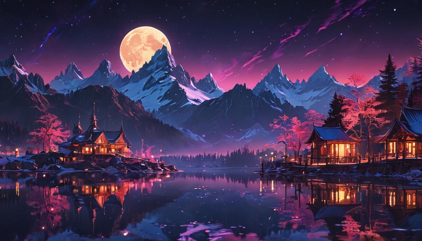 Neon Cityscape on Serene Lake: Fantasy Digital Painting