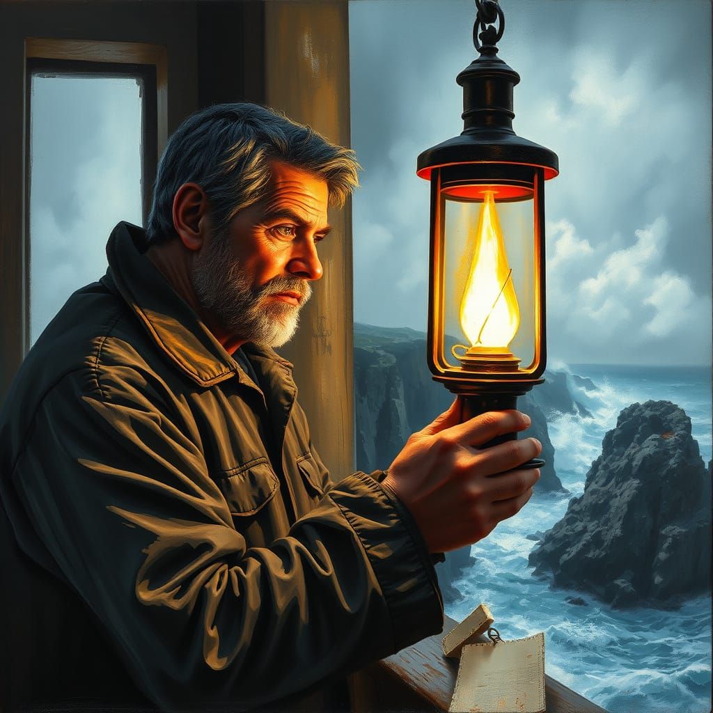 Lighthouse Keeper's Hope Amidst Stormy Seas