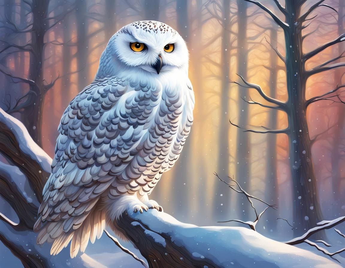 Snowy Owl in Winter Forest: Hyperrealistic Art