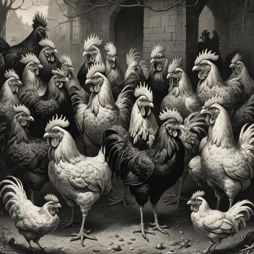 Menacing Chickens in Dark Horror Style