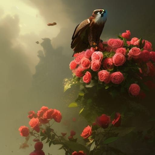 Falcon Surrounded by Roses: Dark Fantasy Concept
