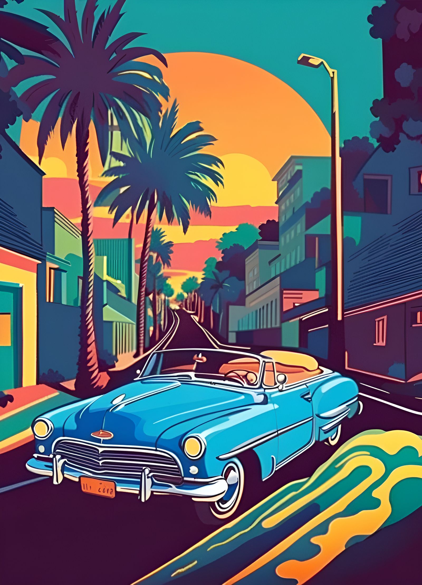 Vintage Blue Car in Psychedelic California Scene