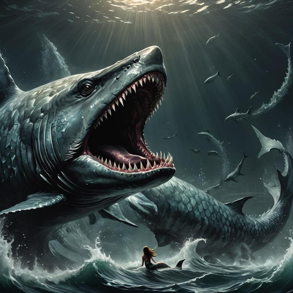 Mermaid and Megalodon in Dark Fantasy Art