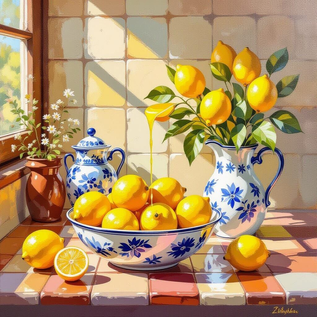 Lemon Still Life with Juice, Rustic Kitchen Scene