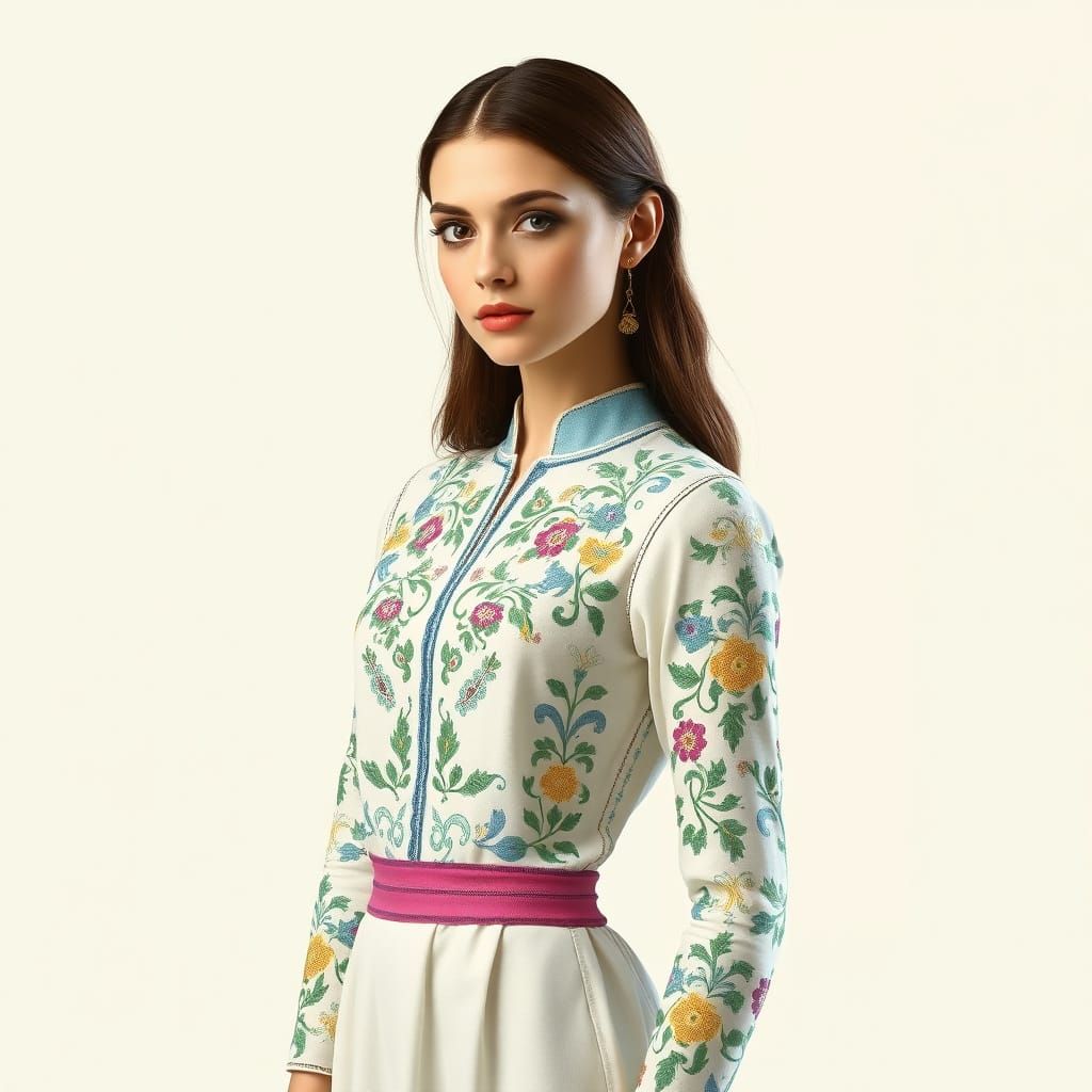 Elegant Robot Woman in Traditional Ukrainian Embroidered Shi...