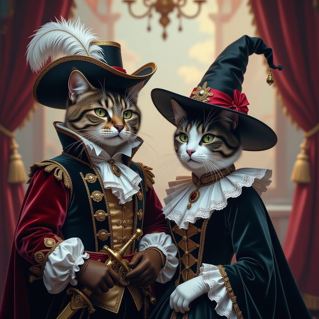 Baroque Cats in Musketeer Costumes with Witch Hats