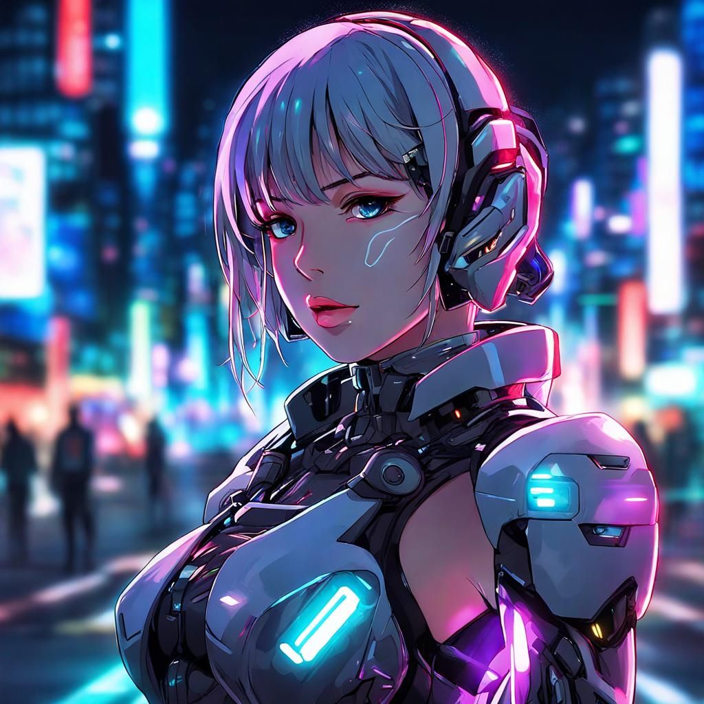 Cyborg Girl in Neon City: Anime-Inspired Portrait