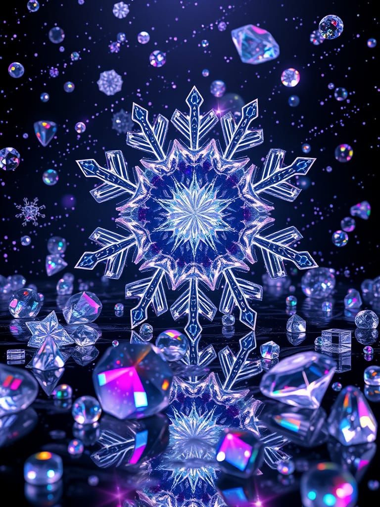 Crystalline Gemstones and Snowflakes in Neon Space