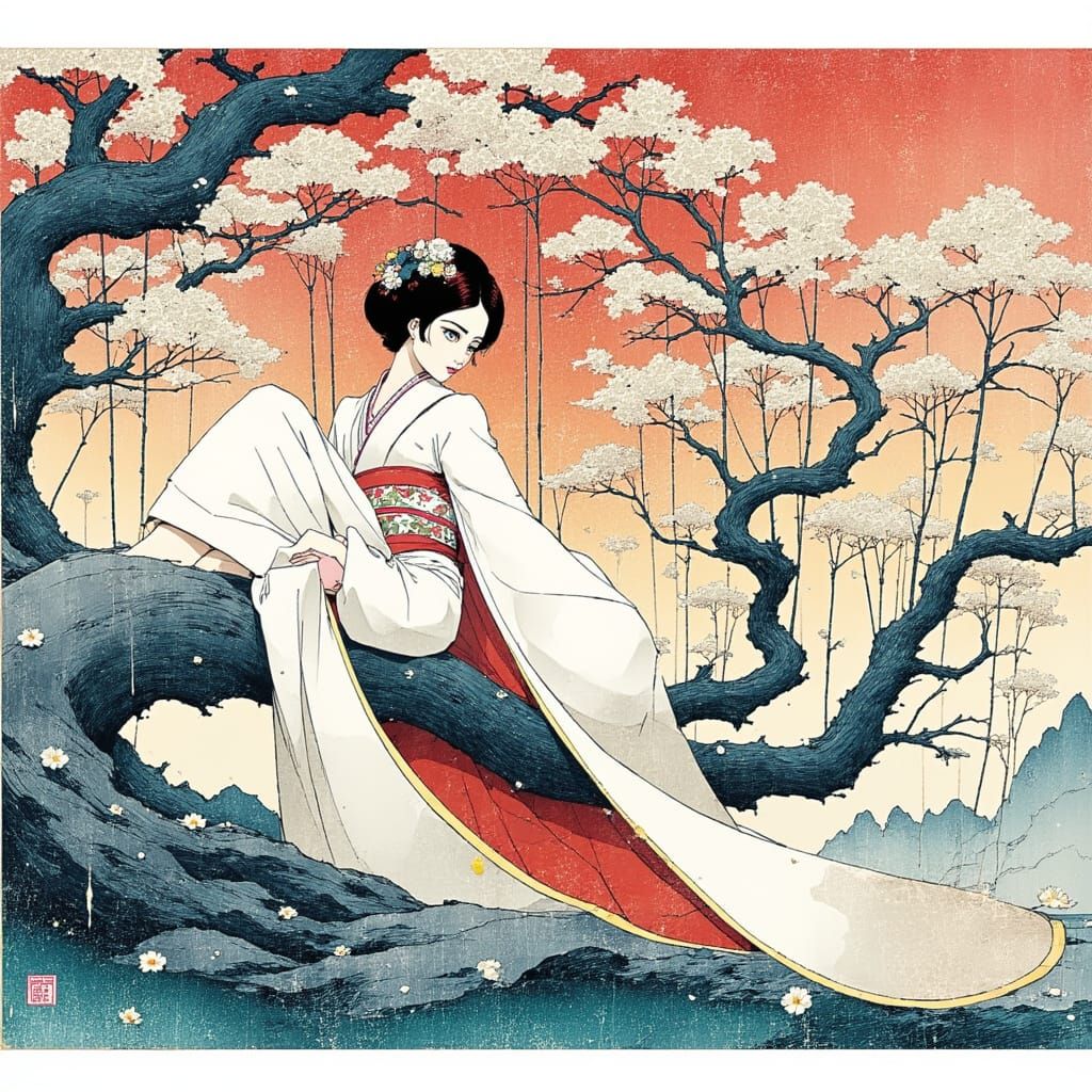 Serene Japanese Woman in Blossoming Garden, in Shimomura Kaz...