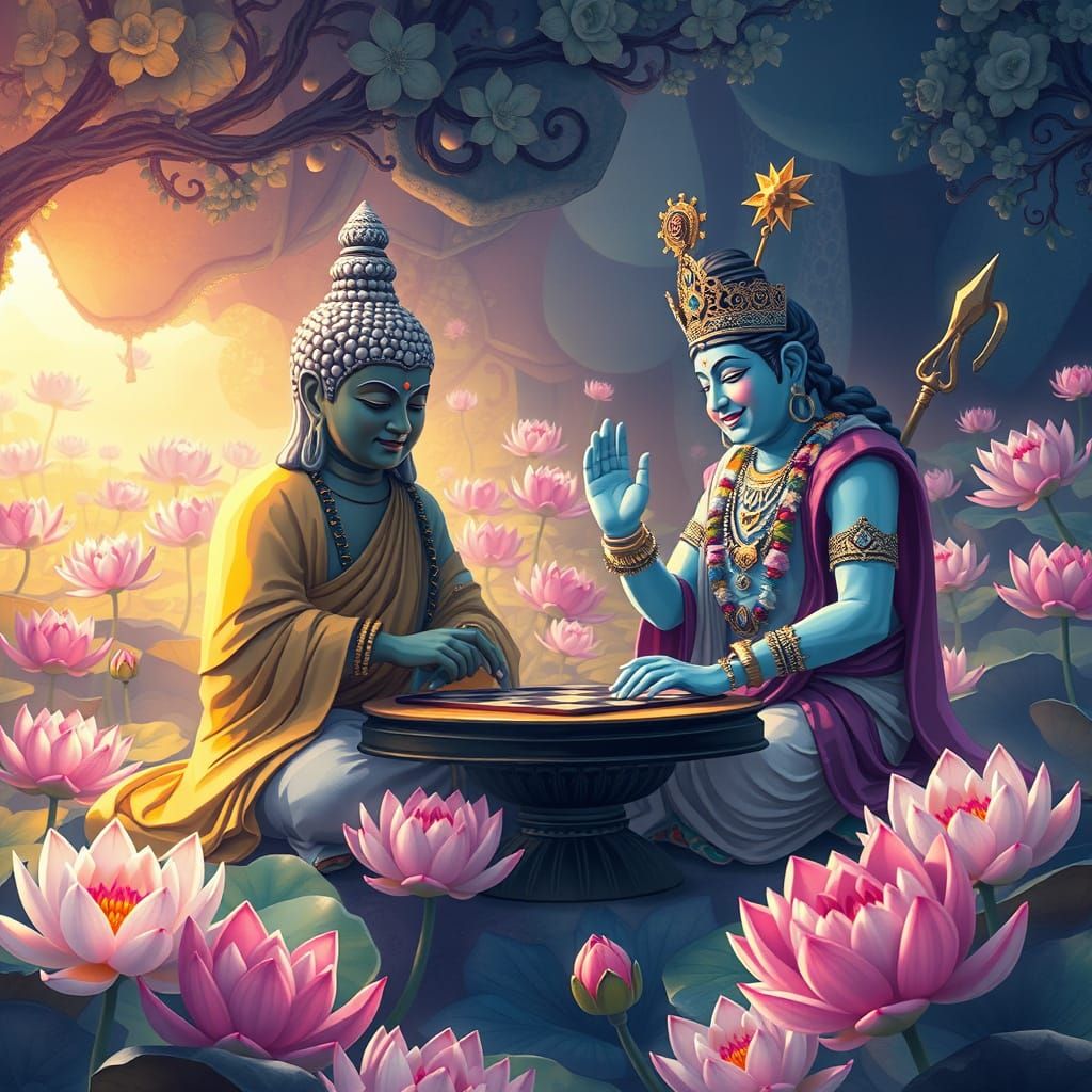 Buddha and Krishna Play Chess in Lotus Garden