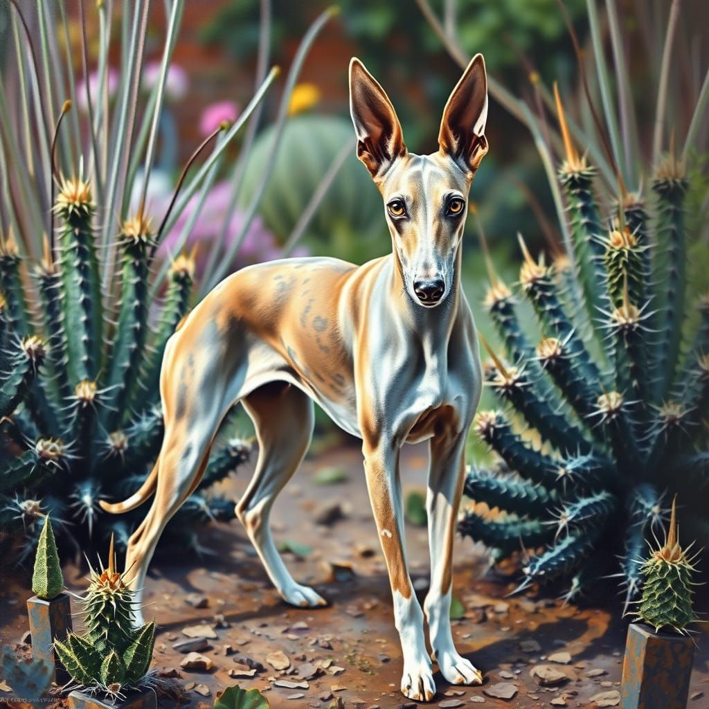 Greyhound in Vibrant Surrealist Garden