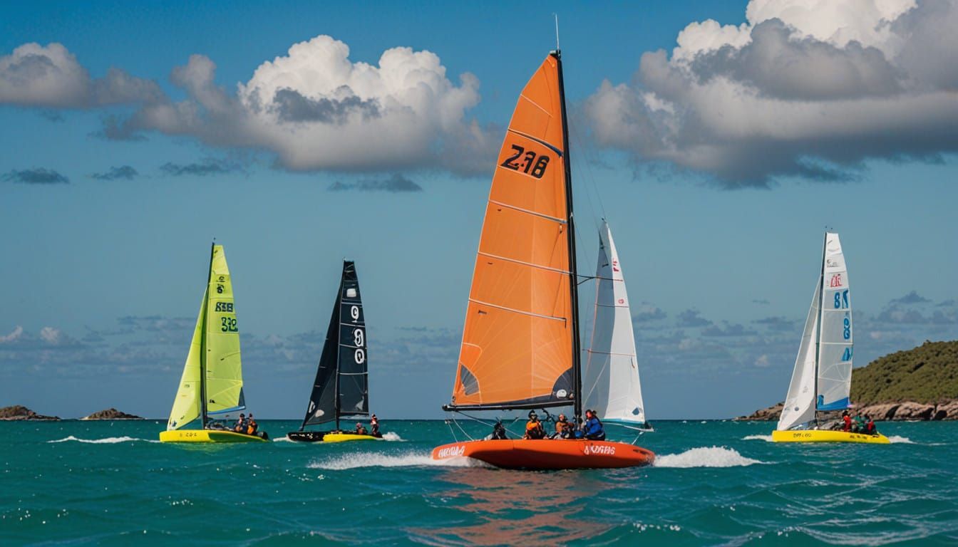 Guys Enjoy Hobie Cat Ride on Sunny Caribbean Beach