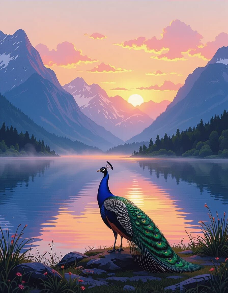 Peacock at Misty Lake Sunset in Luminism Style