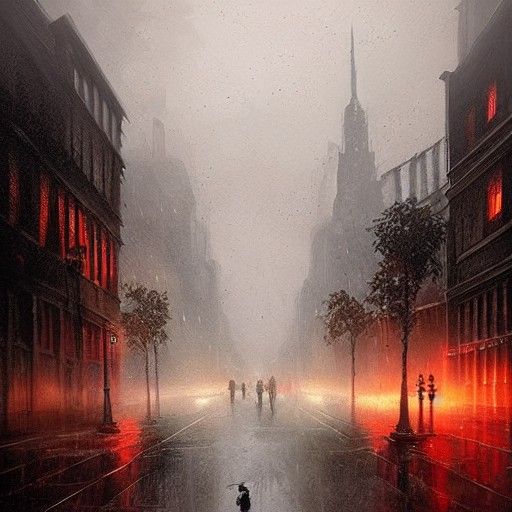 Sinister City Street After Rain at Dusk