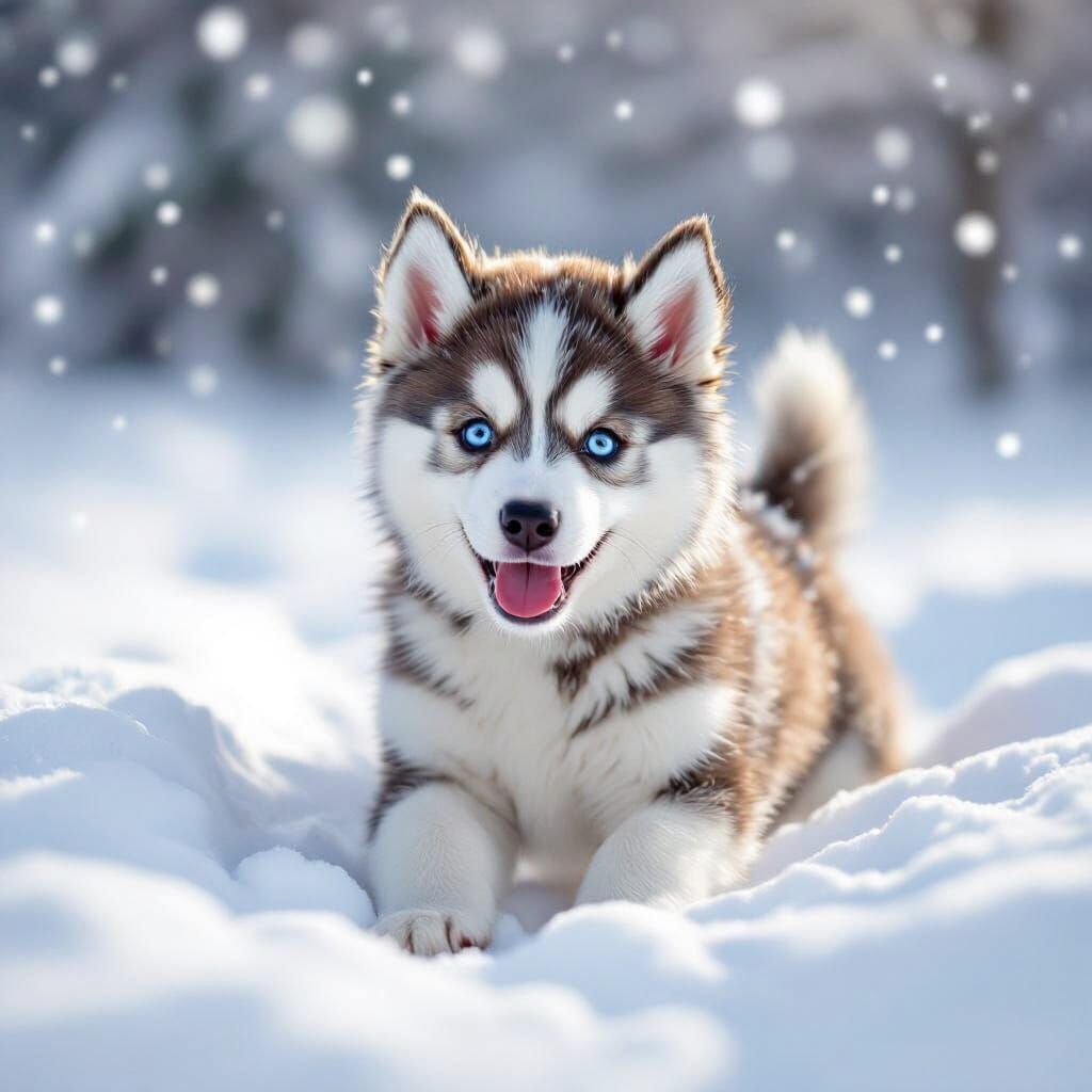 Joyful Husky Puppy Plays in Magical Winter Snowdrift