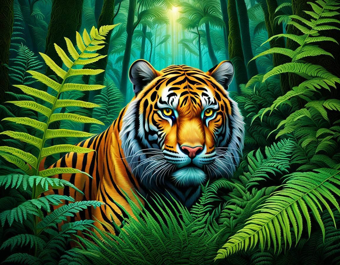 Cyborg Tiger Merges with Fern in Biomechanical Forest