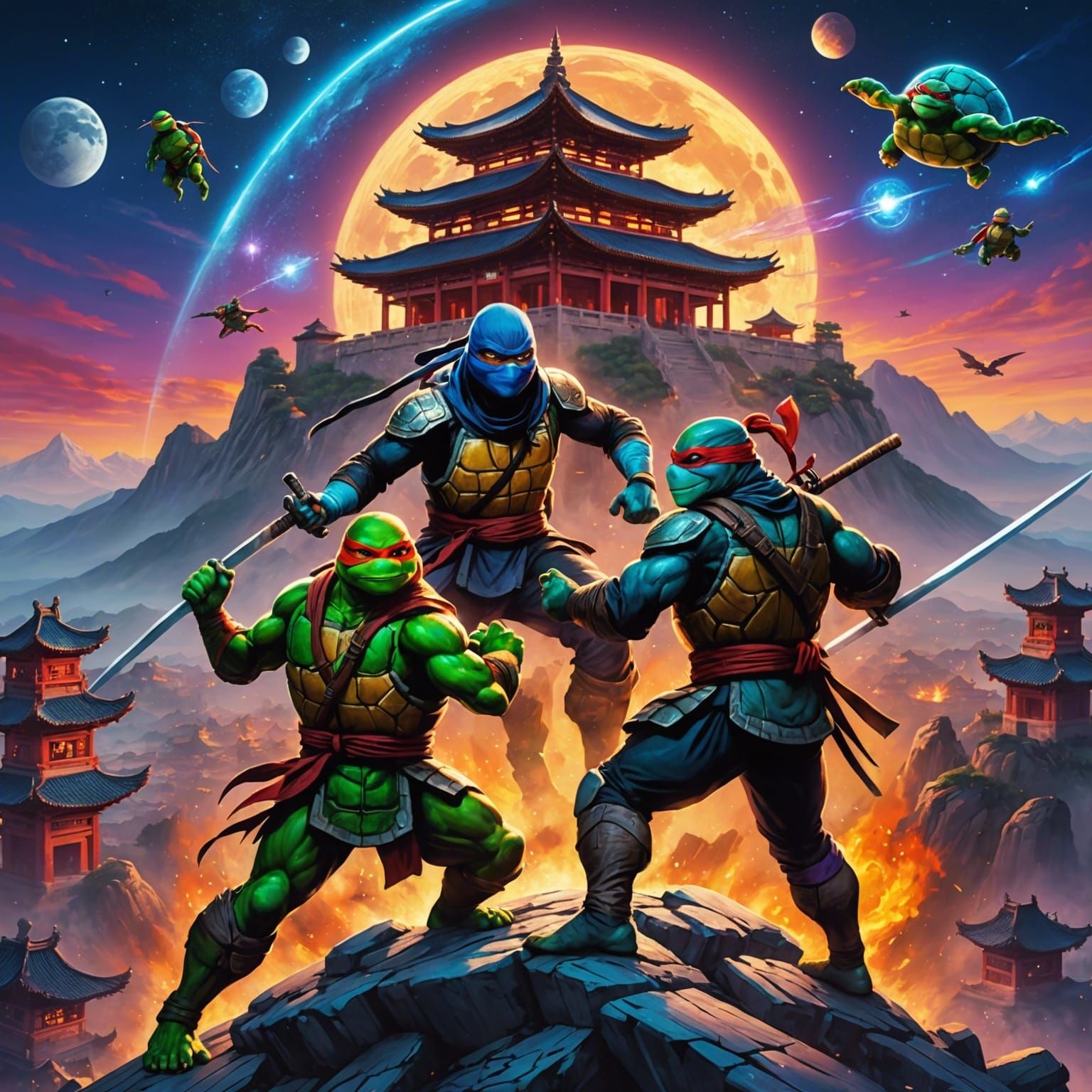 Ninja Turtle Battle on Mountain, Astral Cosmic Art