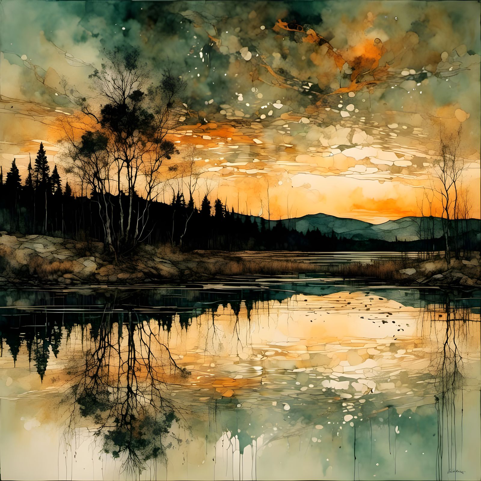 Abstract River Sunset in Expressionist Style