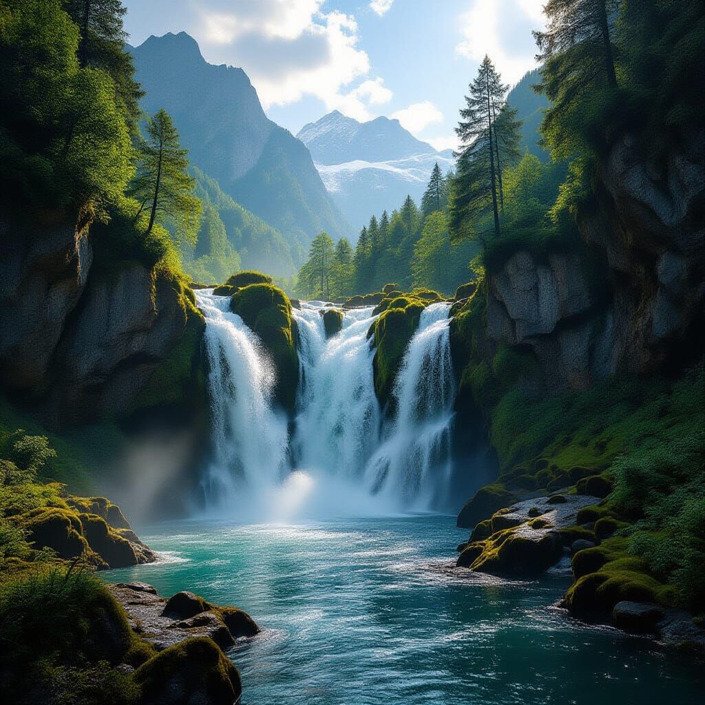 Serene Alpine Waterfall in Golden Hour Light