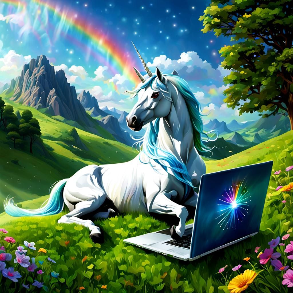 Unicorn Browsing on Laptop in Grassy Landscape