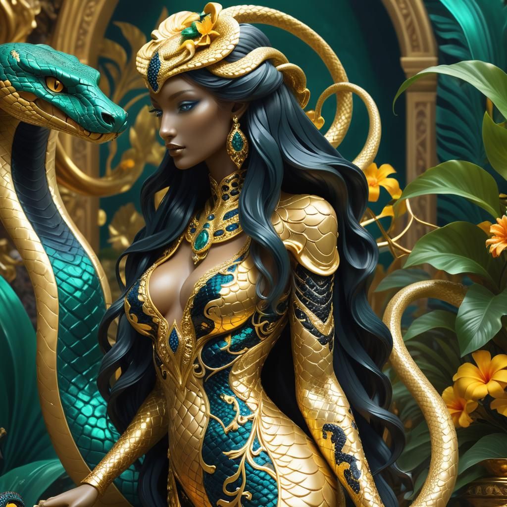 Cobra Priestess Riding Anaconda in Fractal Futurism