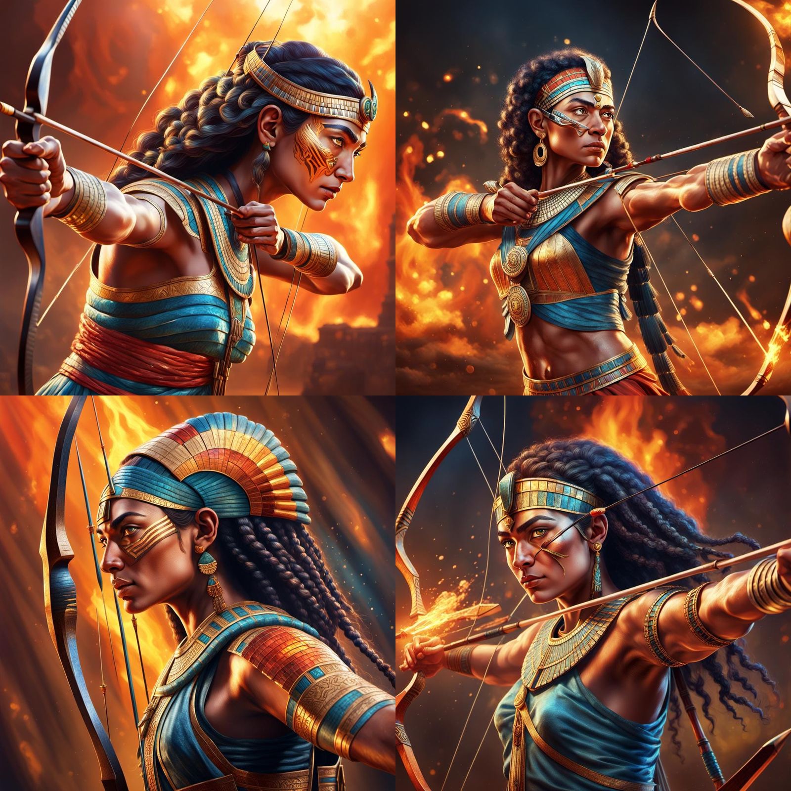 Egyptian Archer with Fiery Magic Bow: Hyperrealistic Art