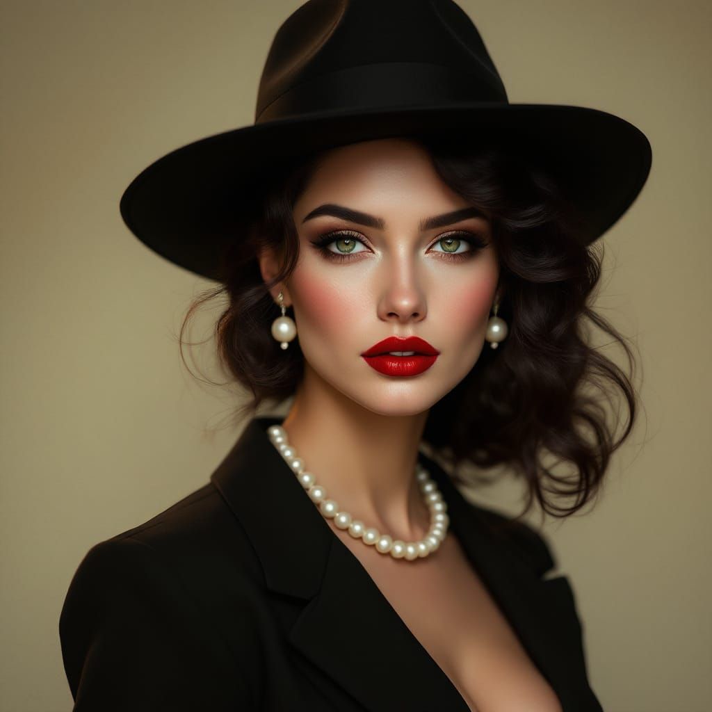 Golden Age Hollywood Glamour: Woman in Black Fedora and Pear...