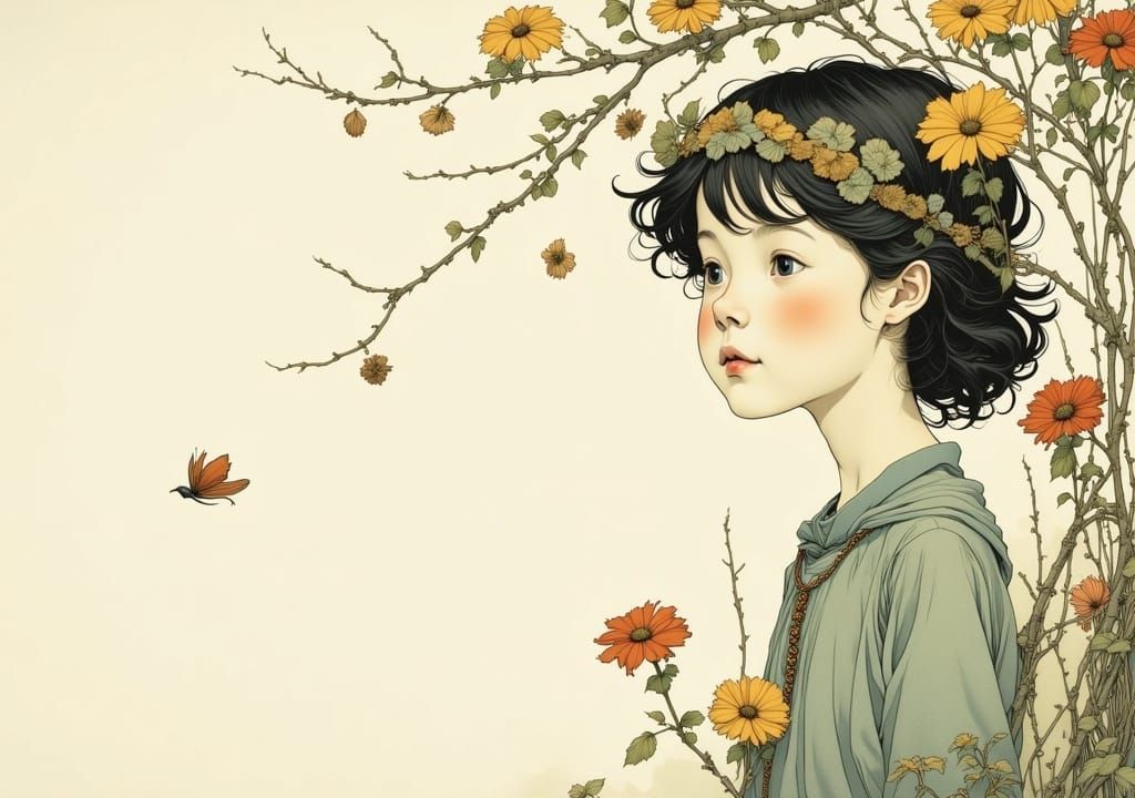 Whimsical Dreamer Portrait in Art Nouveau Style