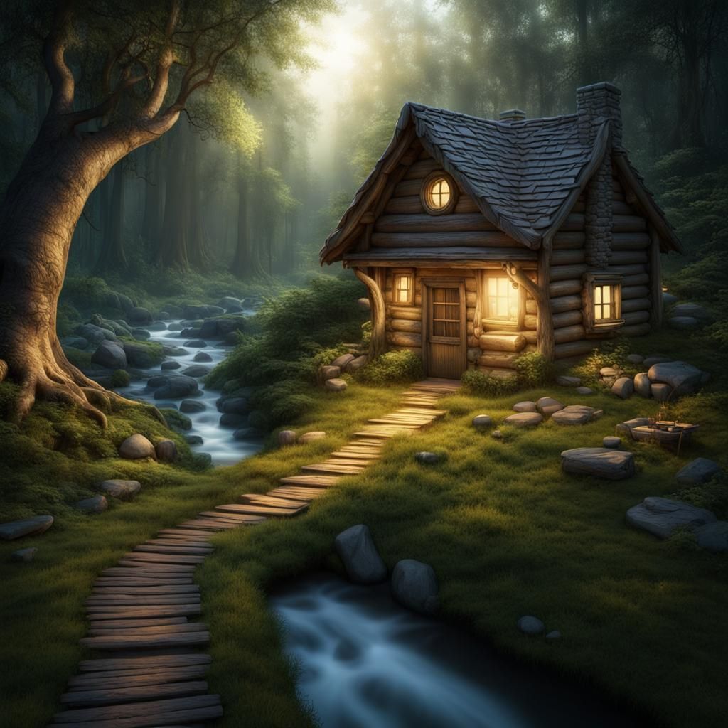 Enchanted Forest Path to Cabin in Ethereal Light