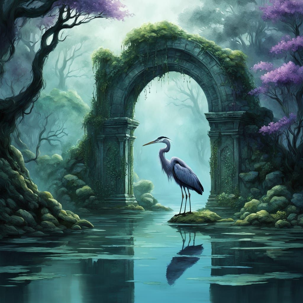 Misty Lagoon Stone Archway with Heron in Ghibli Style