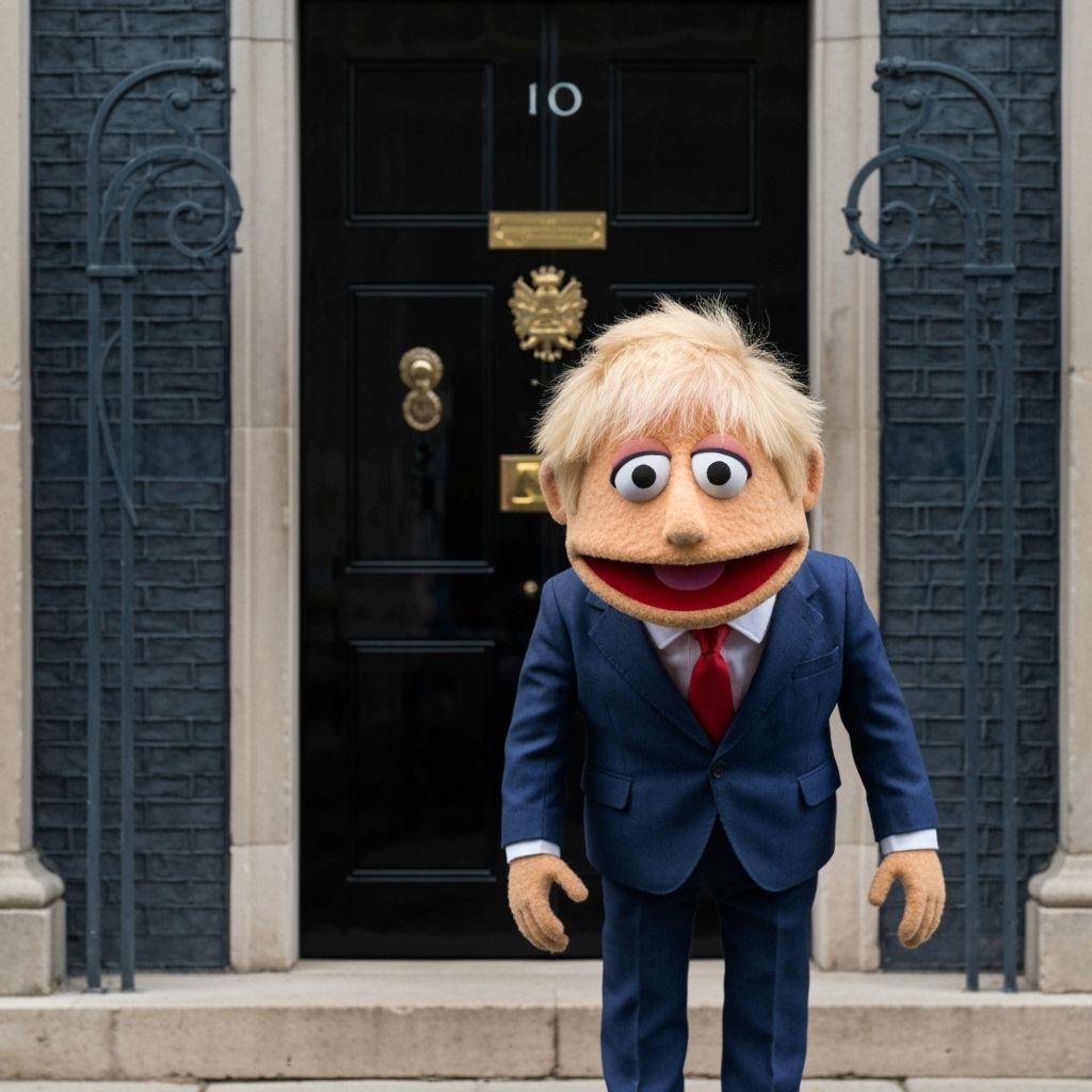Muppet Boris Johnson standing in front of the door of 10 Dow...