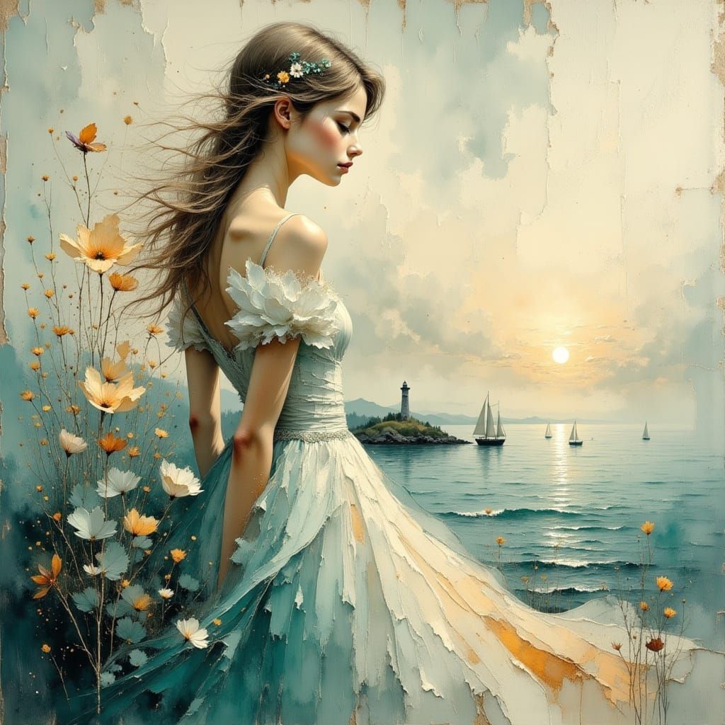 Ethereal Seascape with Lighthouse and Woman in Textured Tone...