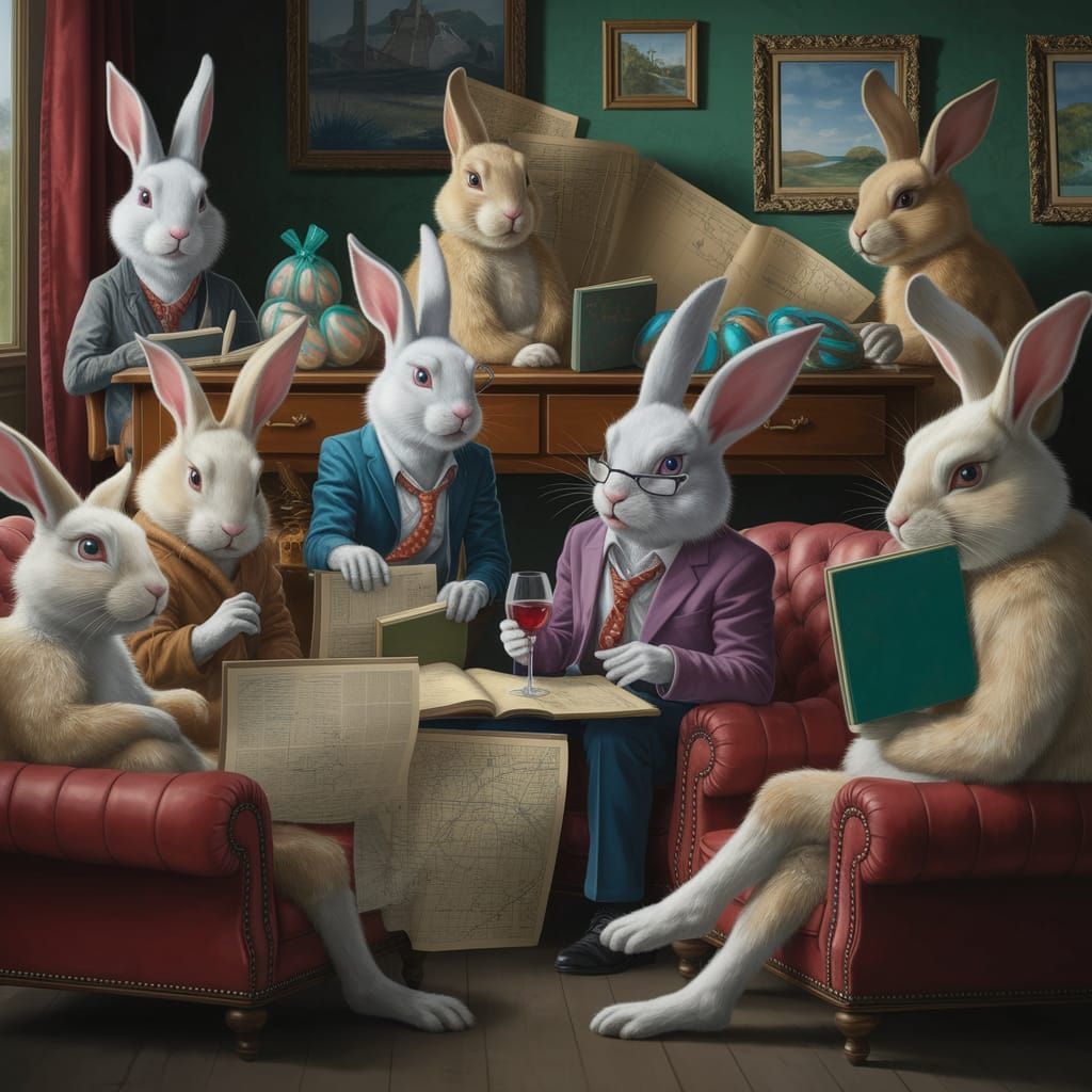 Whimsical Rabbits Plan Easter Egg Route in Warm Study