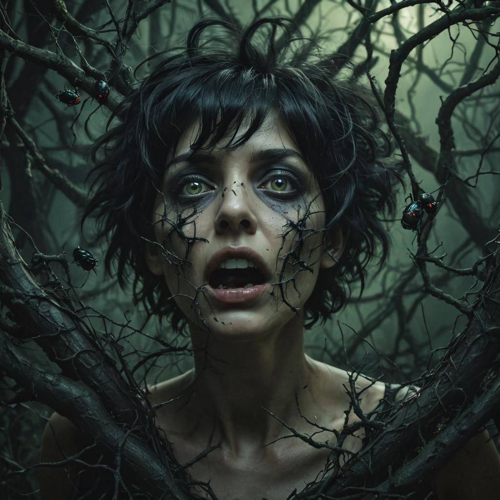 Terrified Woman Portrait with Crawling Bugs in Surrealist St...