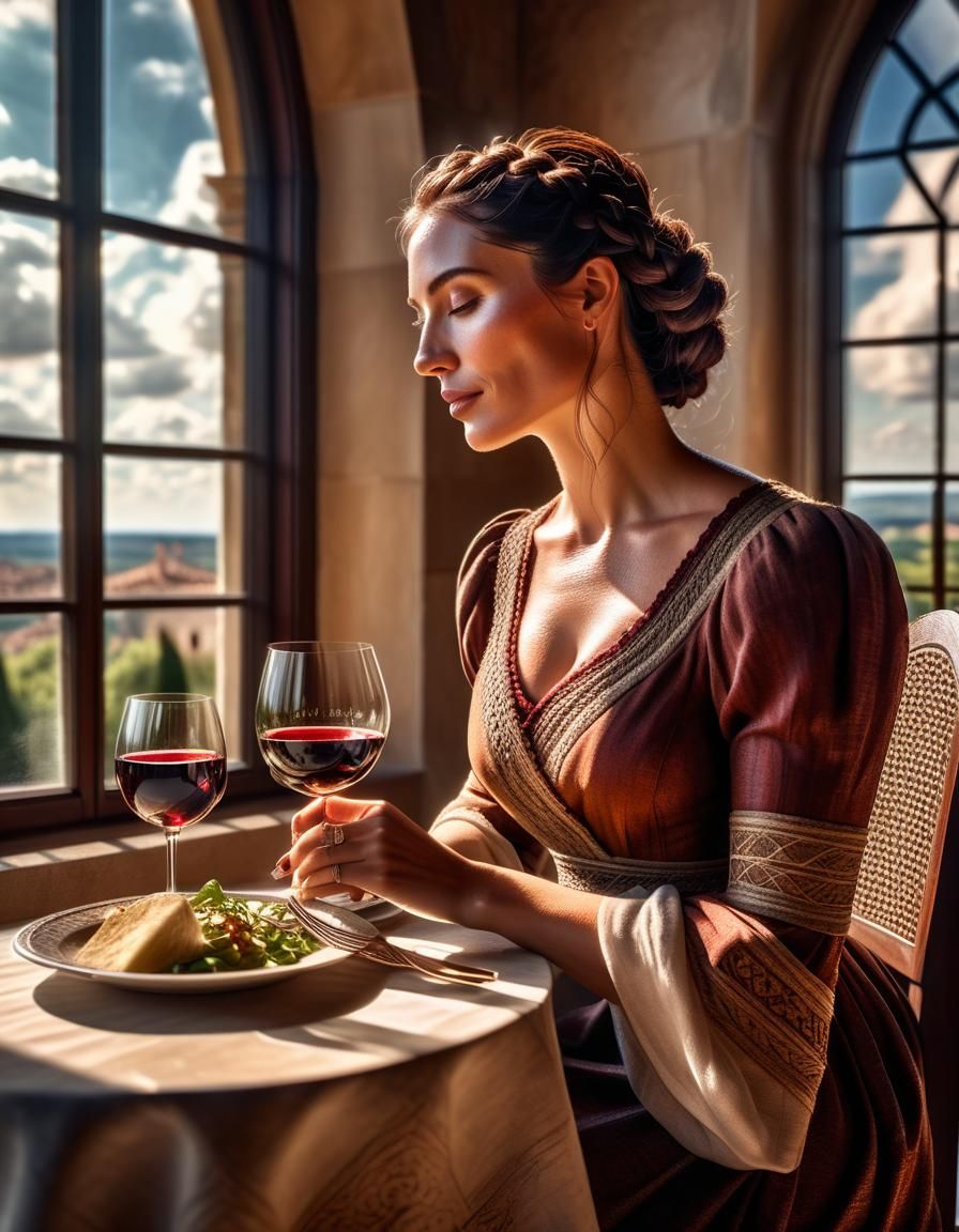 Woman Enjoying Lunch in Villa Solarium, Renaissance Style