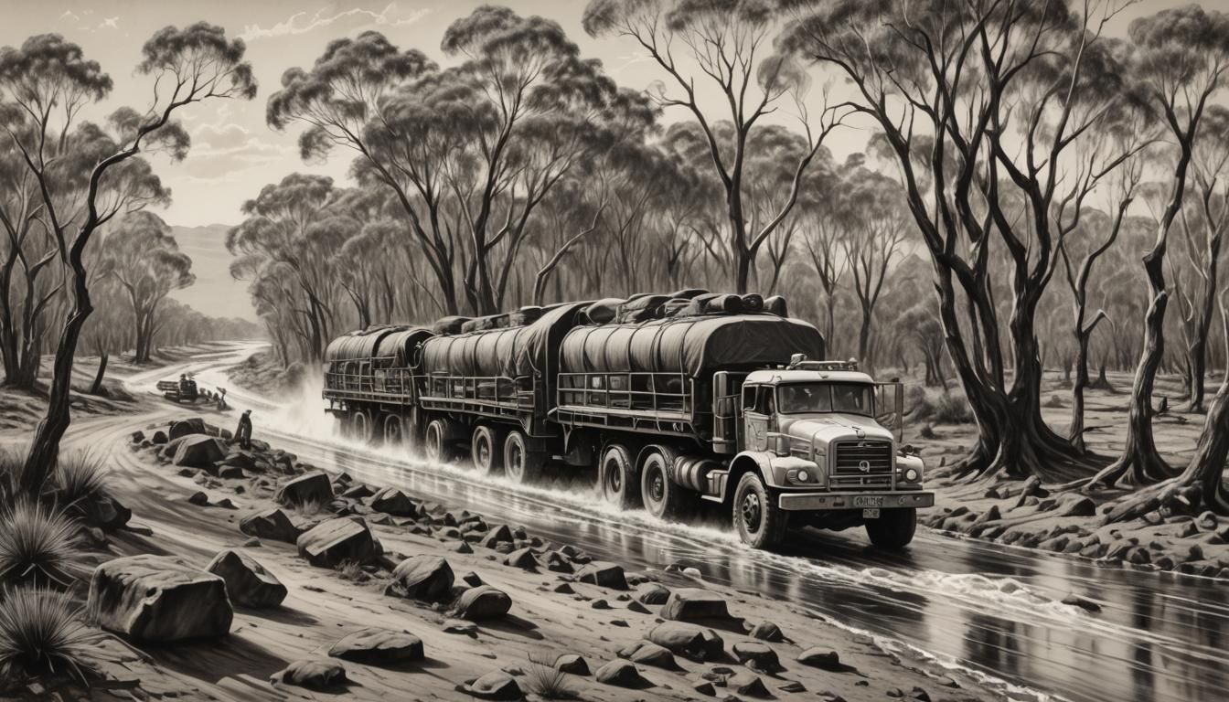 Australian Road Train Crossing Outback Creek