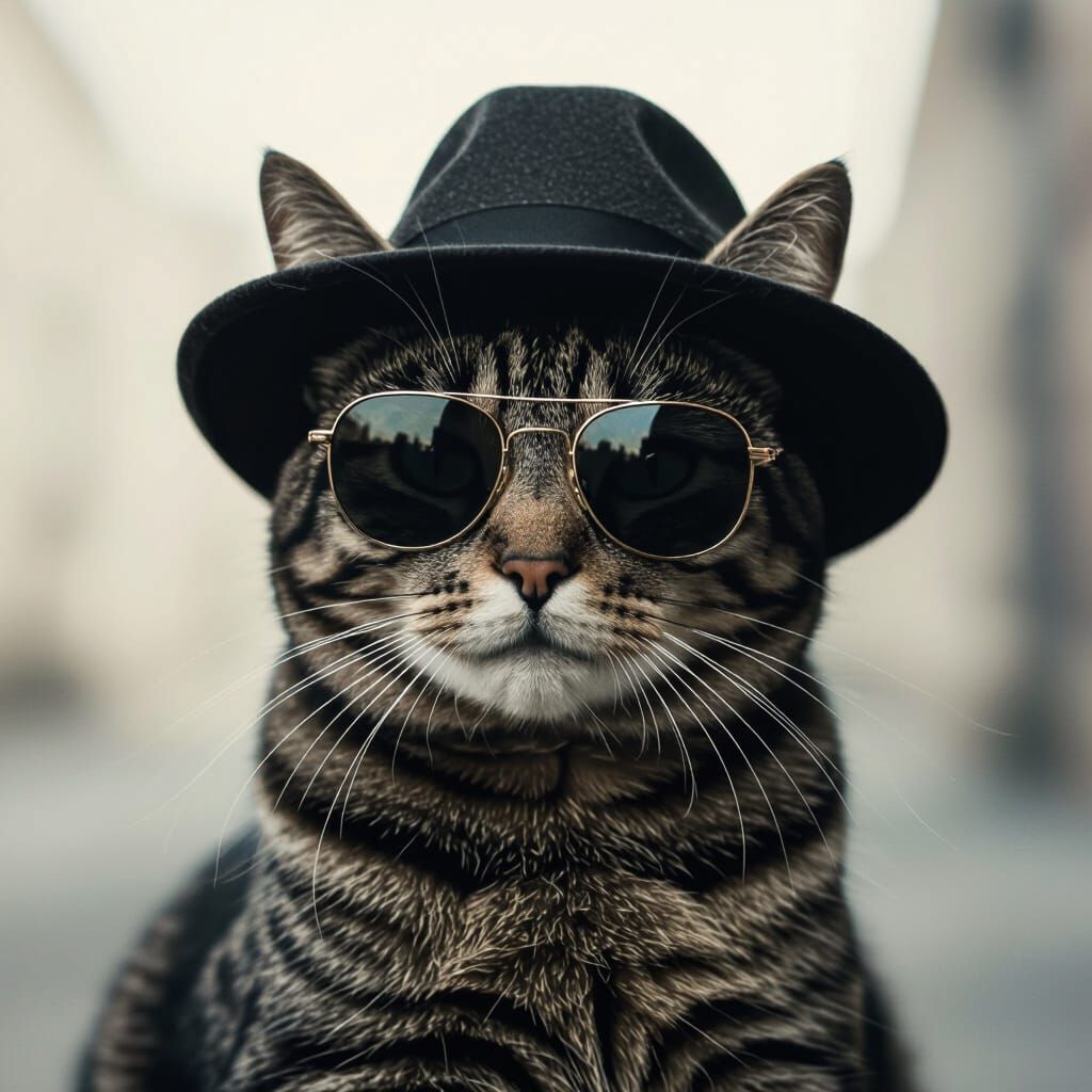 Tabby Cat in Hat and Sunglasses, Vintage Film Still