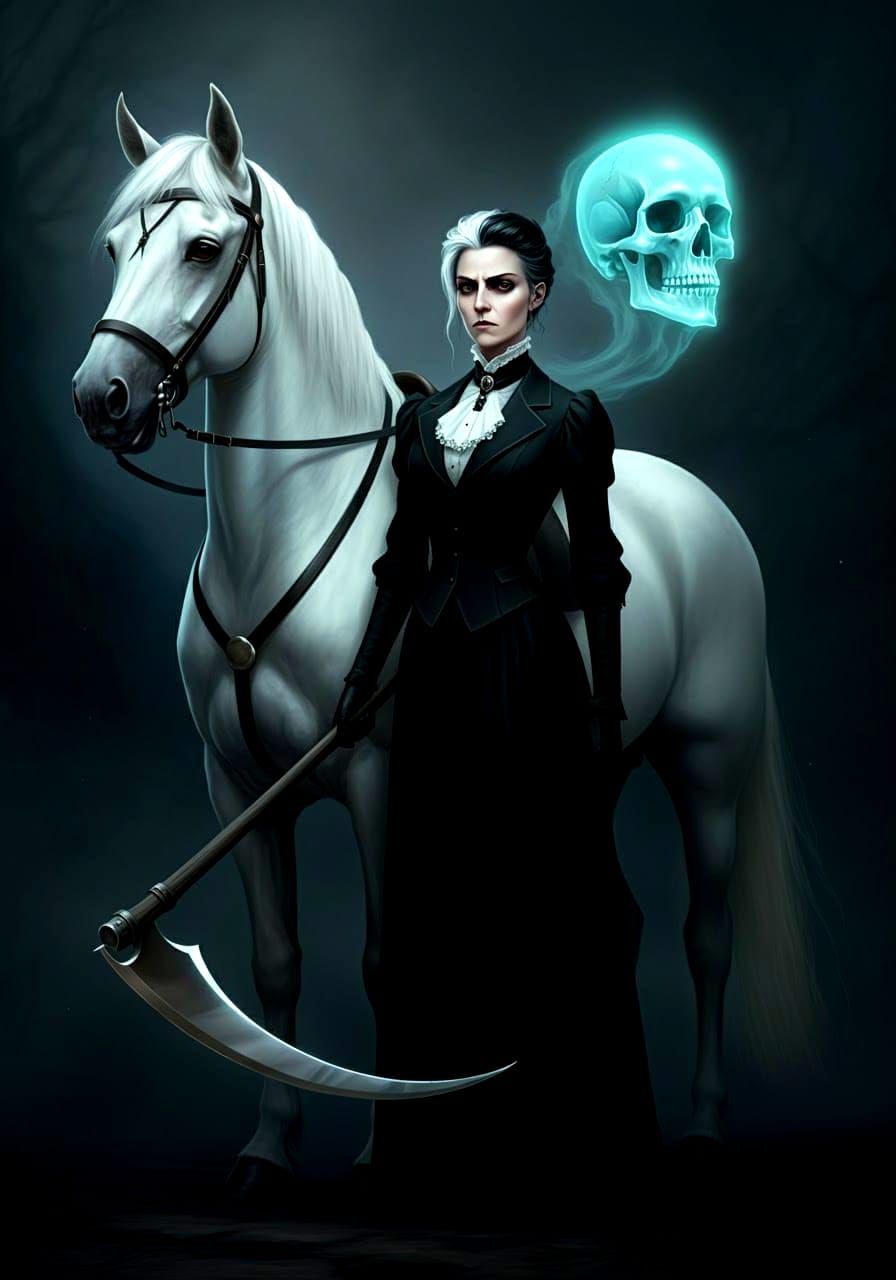 Victorian Teacher with Scythe and Ghostly Face