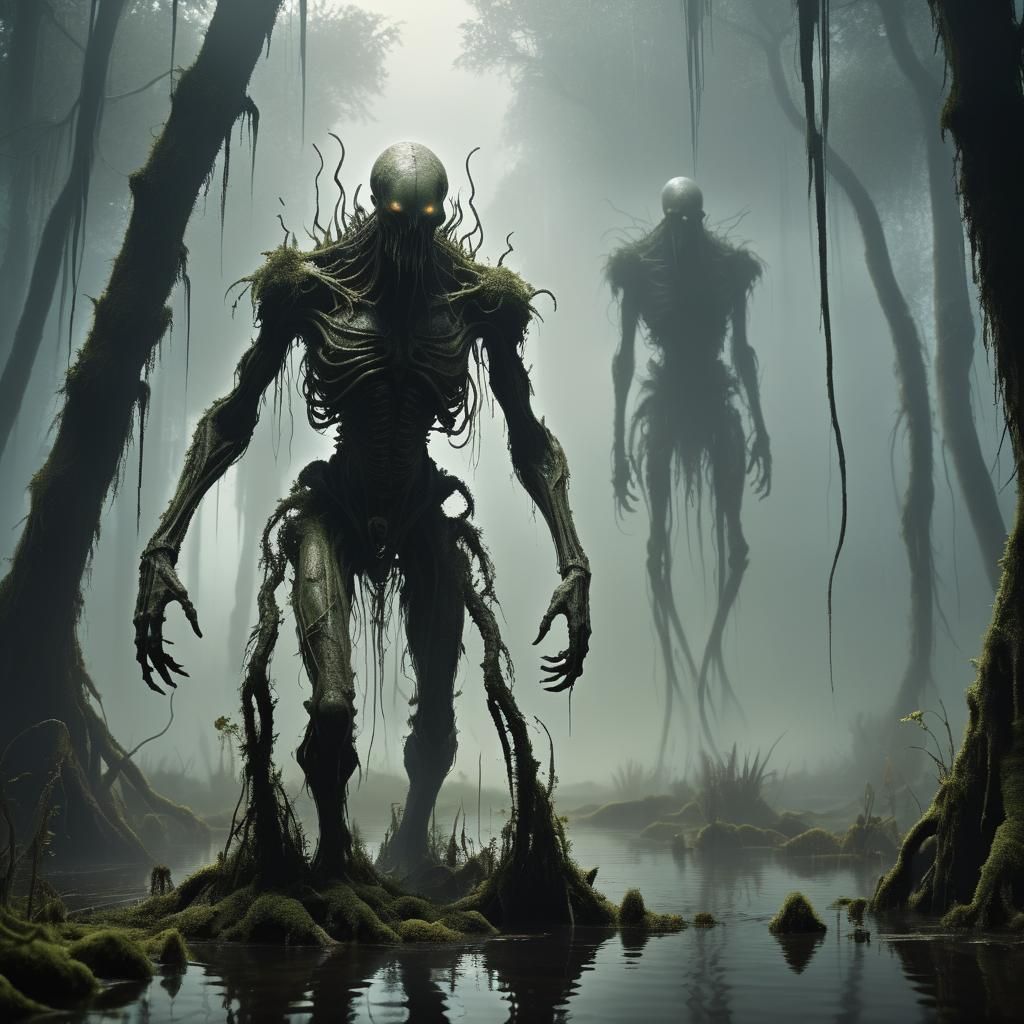 Towering Swamp Creature in Dark Fantasy Horror Style