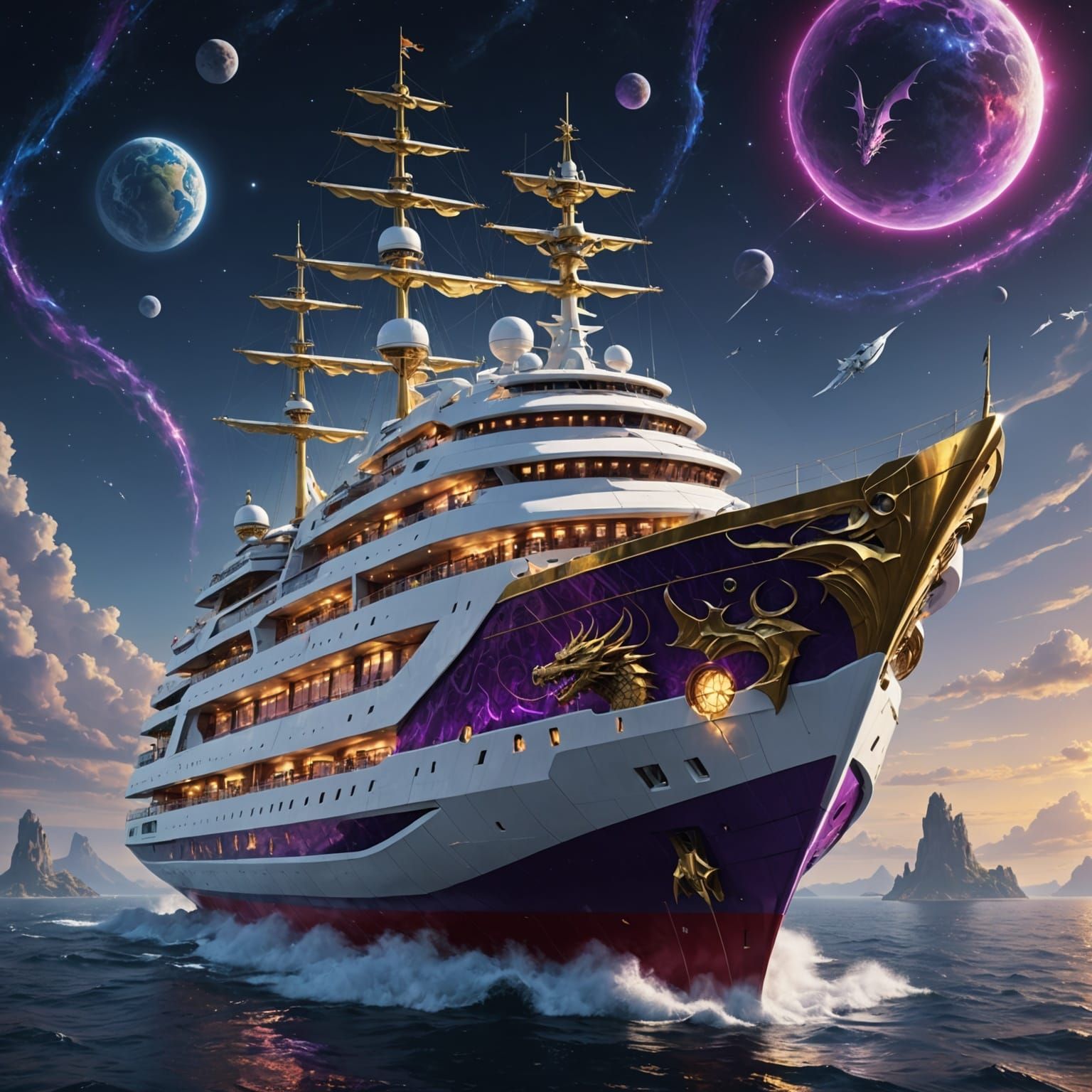 Elegant Dragon-Spired Luxury Spaceship in Space