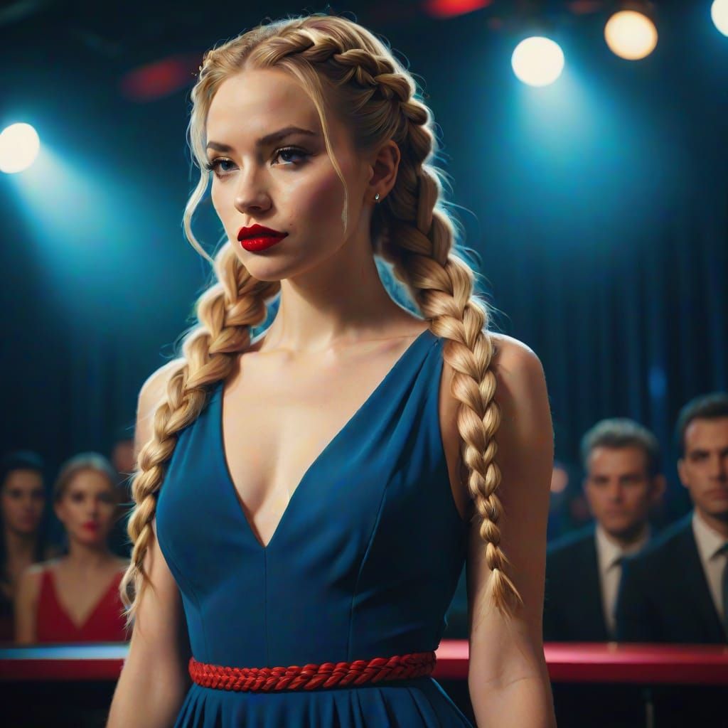 Woman Poses in Blue Dress: Cinematic Film Still