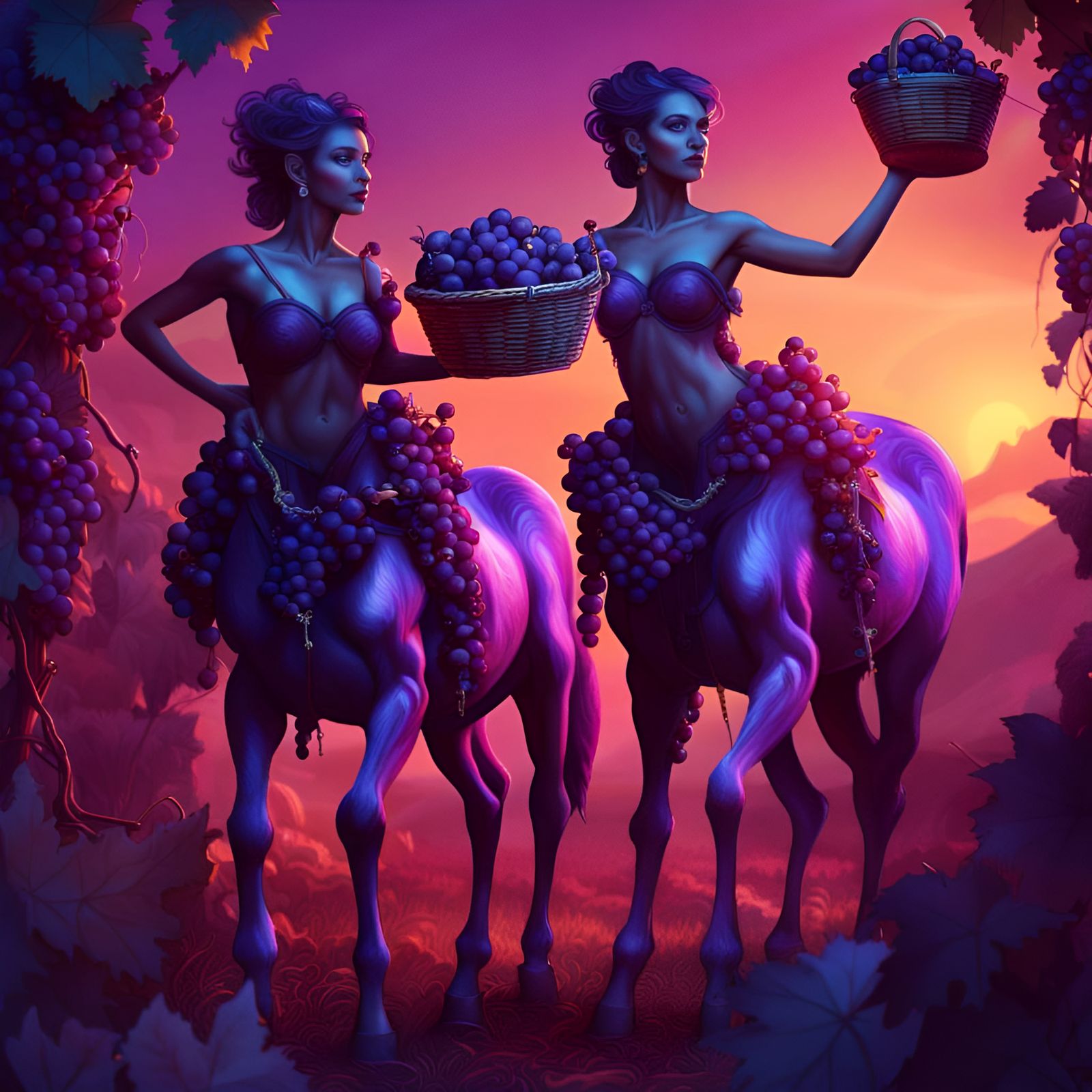 Centaurs Harvesting Grapes at Sunset