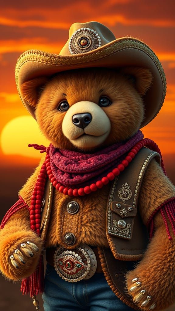 Western Teddy Bear in Intricate Bead Art Style